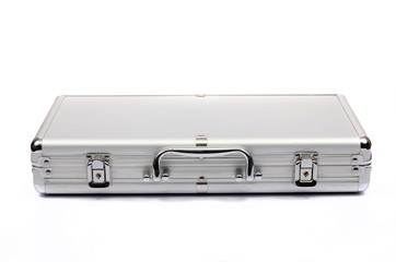 Metallic suitcase on white background, metalic briefcase
