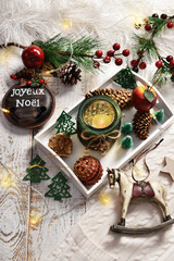 christmas flat lay background on wooden board