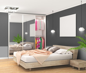 Modern bedroom with dark walls, large closet with mirrored doors and large bed, empty canvas on the wall. 3d illustration.