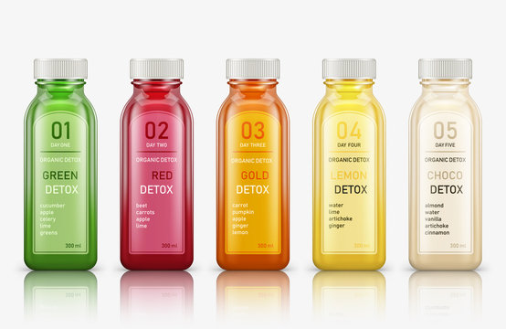 Various fresh vegetable detox juices, colourful smoothies in the bottle on a white background. Vector illustration