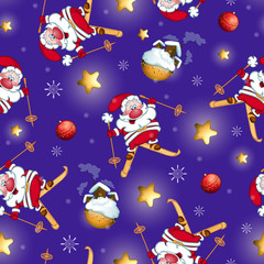 Naklejka premium Seamless festive vector pattern. Santa Claus on skis, stars, Christmas ball. Night sky background