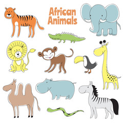 Doodle animals. African baby animal lion, monkey and crocodile, elephant and giraffe, zebra and hippo vector characters. Illustration of hippo and crocodile, alligator african, giraffe africa