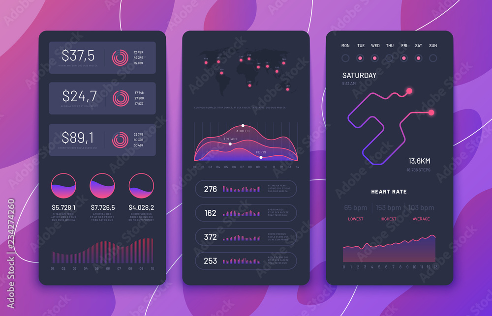 Poster fitness app ui. phone dashboards with charts, diagrams and navigation map. smartphone application sc