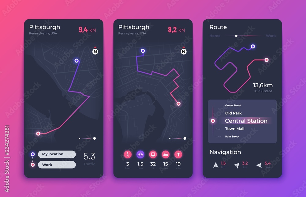 Aufkleber navigation map mobile app. taxi gps tracker smartphone interface. online road tracking application v