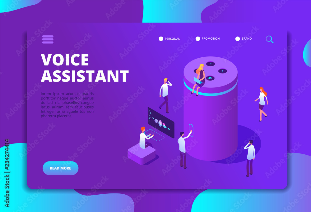 Poster smart speaker concept. voice assistant, 4ir digital command center and 3d answer. isometric vector i