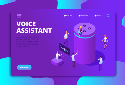 Smart Speaker Concept. Voice Assistant, 4ir Digital Command Center And 3d Answer. Isometric Vector Illustration. Voice Assistant And Control, Smart Device Intelligence Speaker