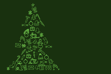 Shape of christmas tree consists of festive symbols on green background 3D illustration