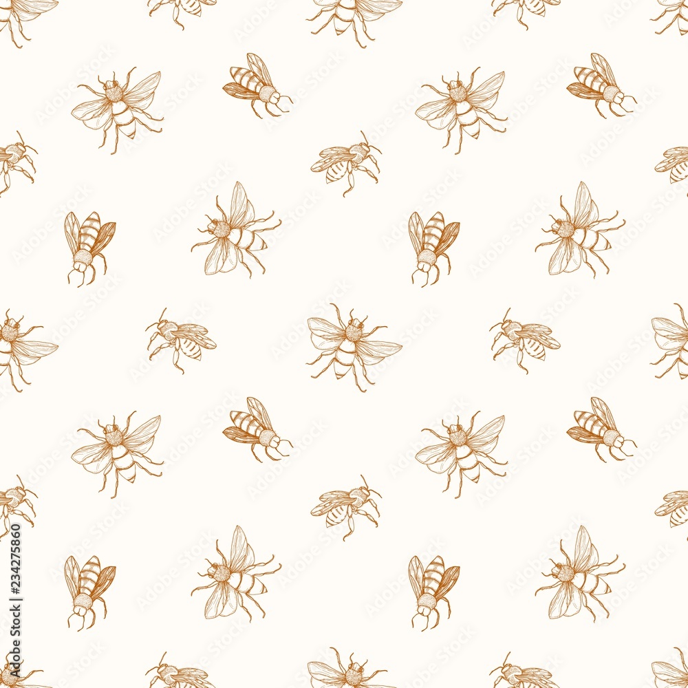 Aufkleber seamless pattern with honey bees drawn with contour lines on light background. apiculture or beekeep