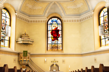 Interior and decor with statue inside church of the holy spirit at Heidelberger old town in Heidelberg, Germany