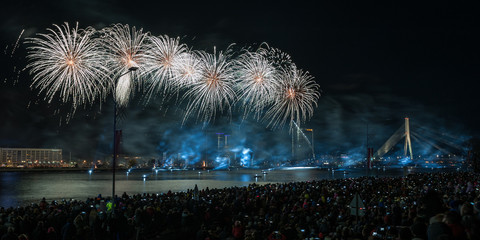 Latvian Independence Day celebrations with Saules Mūžs fireworks presentation. Riga, Latvia....