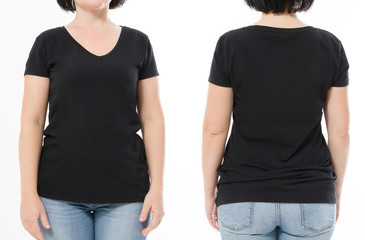 Women black blank t shirt, front and back rear view isolated on white background. Template shirt, copy space and mock up for print design. Cropped image