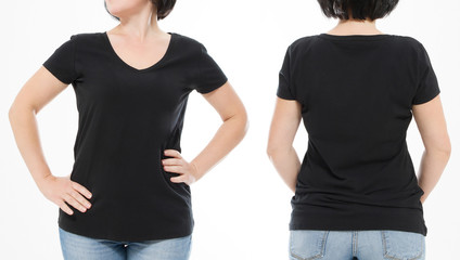 Women black blank t shirt, front and back rear view isolated on white background. Template shirt, copy space and mock up for print design. Cropped image