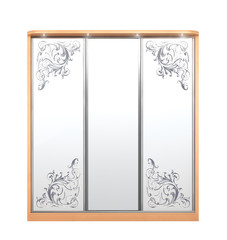 Large wooden wardrobe with a decor on the mirrors. 3d illustration