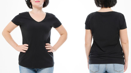 Women black blank t shirt, front and back rear view isolated on white background. Template shirt, copy space and mock up for print design. Cropped image