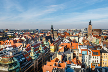 panoramic view of the old city of Wroclaw in Poland, bird eye view of colorful roofs of old town
