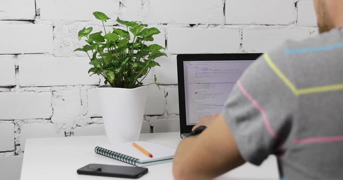 programmer programming web site on laptop in bright office