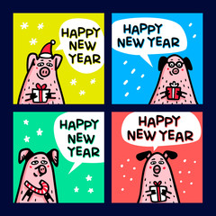 Pig cards set. Funny pigs with candy canes, gifts and santa hats. 2019 Chinese New Year symbol. Doodle style characters for greeting cards, print, icon, sticker. Vector illustration.