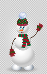 Cute cartoon snowman in green knit winter clothing on transparent background.