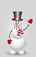 Cute cartoon snowman character in top hat, on transparent background.