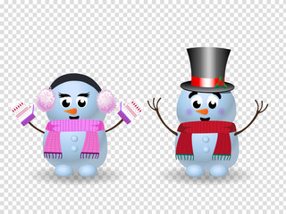 Cute cartoon snowmen girl and boy on transparent background.