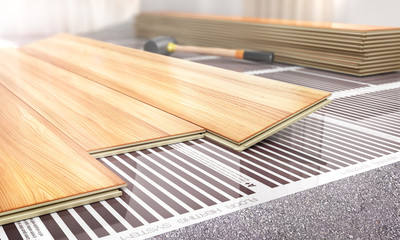 Warm floor. Infrared floor heating system under laminate floor. 3d illustration