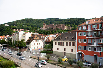 View landscape and cityscape with Heidelberg Castle and traffic road in Heidelberg, Germany
