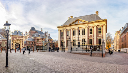 Panorama photo of the Mauritshuis with the Grenadierspoort to the Binnenhof in the Hague - obrazy, fototapety, plakaty