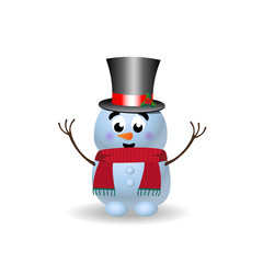 Cute cartoon character of snowman with hands up on white background.