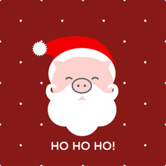 SANTA PIG HO HO HO
Cute light pig with santa Clause costume on red background with white snow flake pattern. with greeting.
