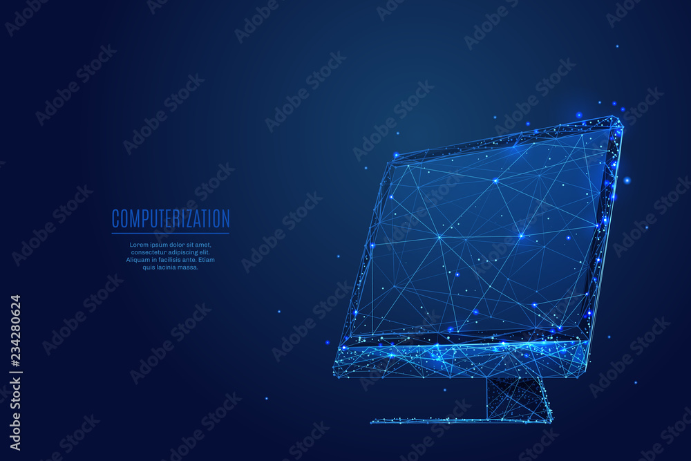 Leinwandbilder A computer monitor composed of polygons. Low poly vector illustration of a starry sky style. Gadget consists of lines, dots and shapes. Internet or digital or devices and computer symbol.