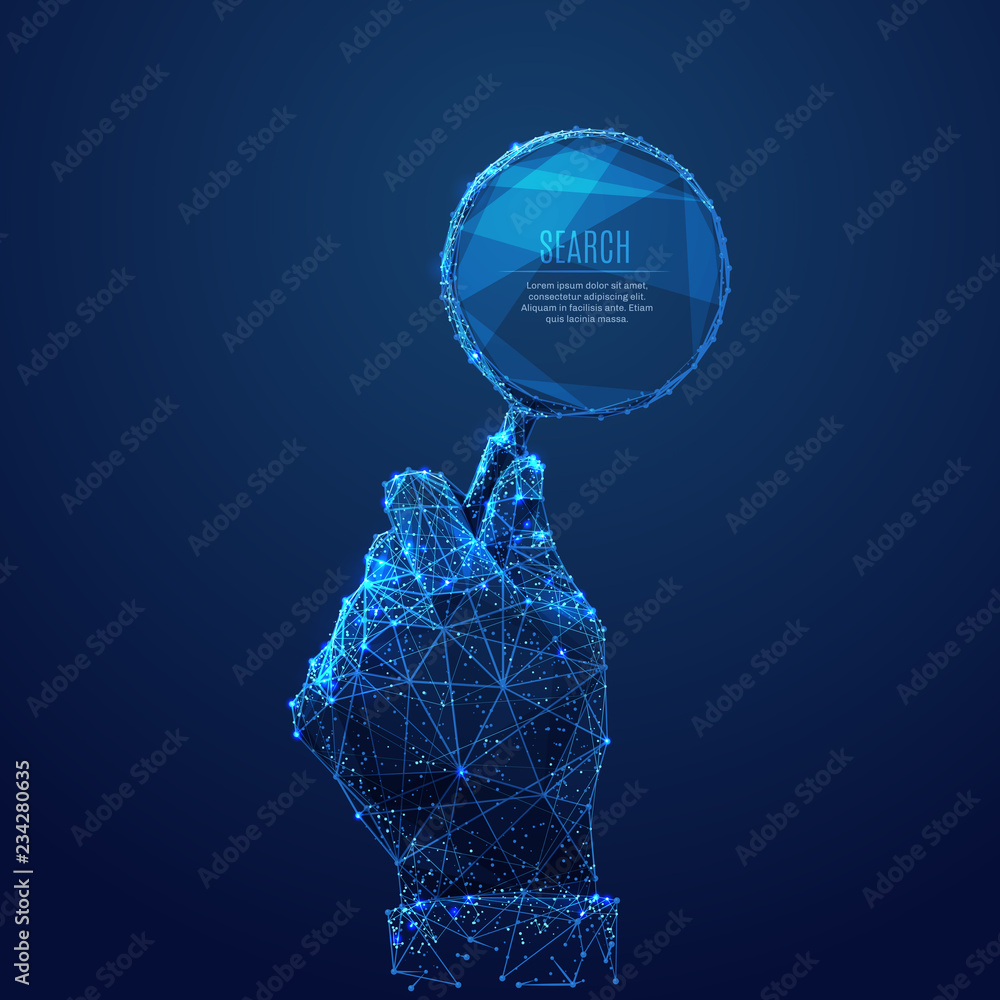 Aufkleber a magnifying glass in hand composed of polygons. low poly vector illustration of a starry sky style.