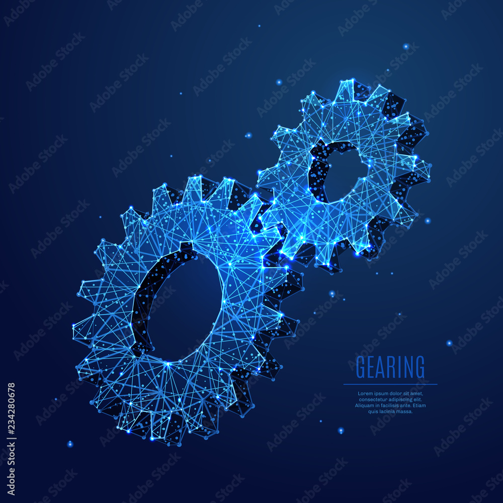 Aufkleber Abstract image of two gears in the form of a starry sky or space, consisting of points, lines, and shapes in the form of planets, stars and the universe. Mechanical gearing vector wireframe concept