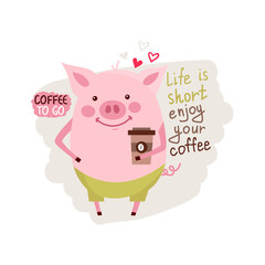 funny card design with cartoon pig with the cup of coffee