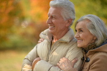 Beautiful senior couple hugging in the park