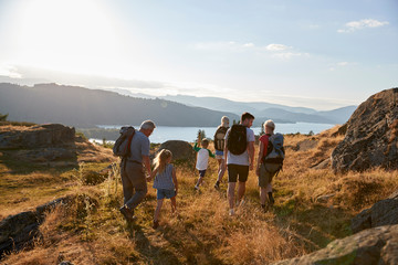 Rear View Of Multi Generation Family Walking On Top Of Hill On Hike Through Countryside In Lake...