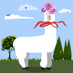 Cute Lamas with mountains and cactus in vector. Perfect for posters, stickers, greeting cards, notebooks and other childish