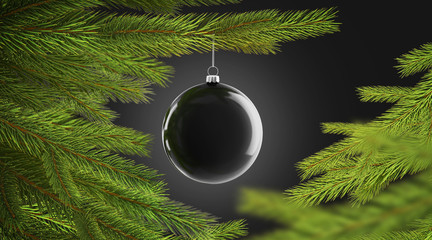 Blank black christmas tree ball hanging on pine mockup