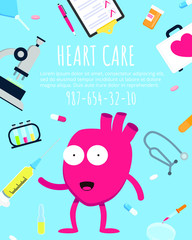 Cardiology heart care banner concept flat style design poster. Cartoon character Hearty the Heart on it arounded with hospital equipment and medicines. Medical awareness heart disease day banner.