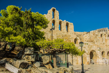 Ancient antique heritage country side ruins of old castle buildings stone walls with arch window...
