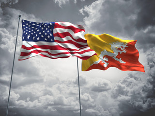United States of America, USA & Bhutan Flags are waving in the sky