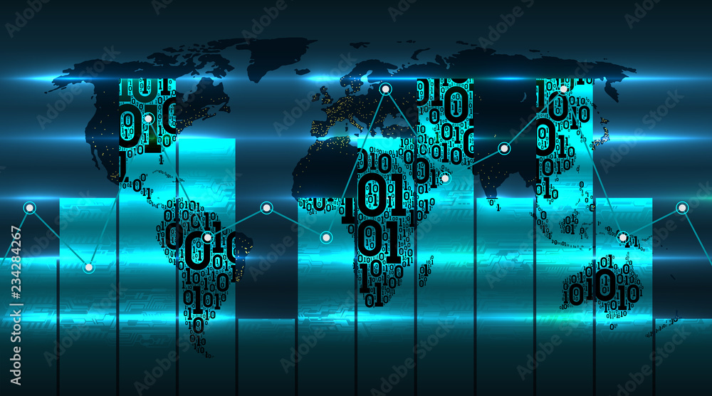 Poster chart diagram of the development of digital global technologies against background of world map. bin