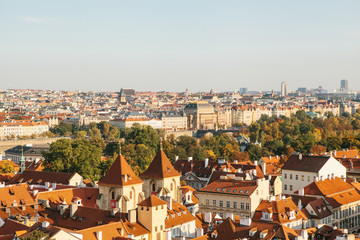 Fototapeta na wymiar Beautiful aerial view of the cityscape or traditional old or medieval architecture in Prague in the Czech Republic.