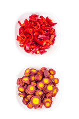 Sliced raw paprica and carrot for vegetarian dish