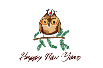 Cute owl illustration in vector. Christmas and New Year Celebrarions.