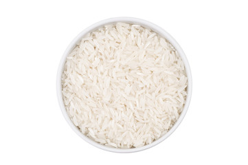 Top view of one bowl with rice isolated on white background