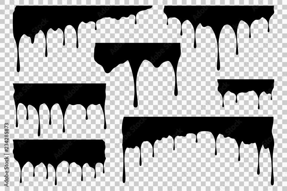 Poster black liquid dripping. set of oil or paint stain and blob. droplet of inks on transparent background
