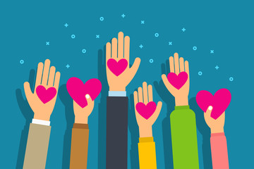 Charity and donation concept. People give hearts in palm hand. Flat style vector illustration. - obrazy, fototapety, plakaty