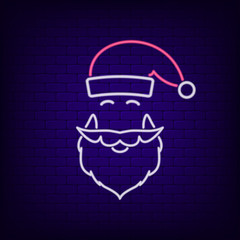 Neon sign of Santa Claus hat and beard. New Year and Christmas night glowing signboard. Vector illustration.