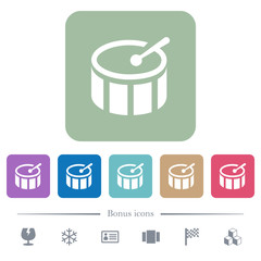 Drum flat icons on color rounded square backgrounds