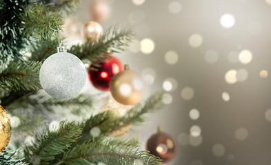 Close-up christmas tree decoration with Abstract color Bokeh background.